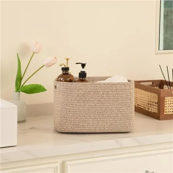 Woven Cotton Storage Baskets Set Cube Shelf Organizer Bins with Handles